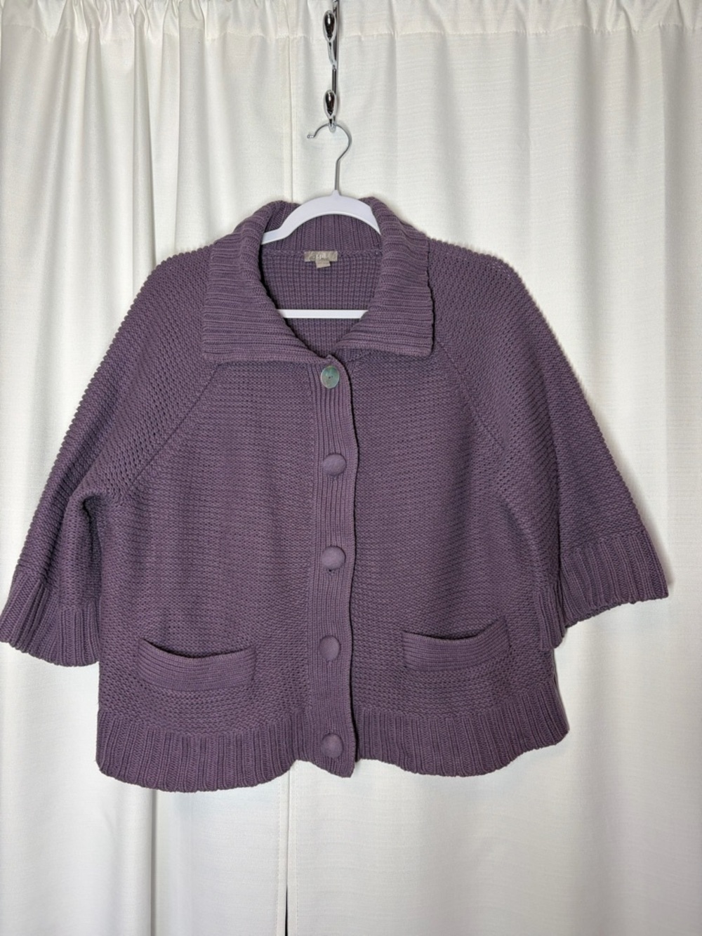 J. JILL Purple Boxy Fit 1/2 Sleeve Button Up Chunky Knit Cardigan L Cottagecore - Picture 2 of 12